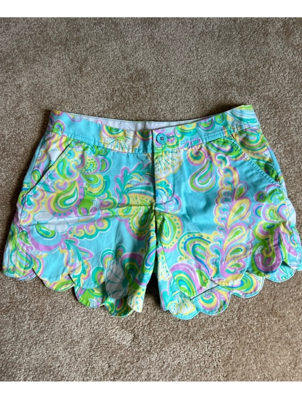 Lilly Pulitzer Aqua Paisley Scalloped Hem Shorts